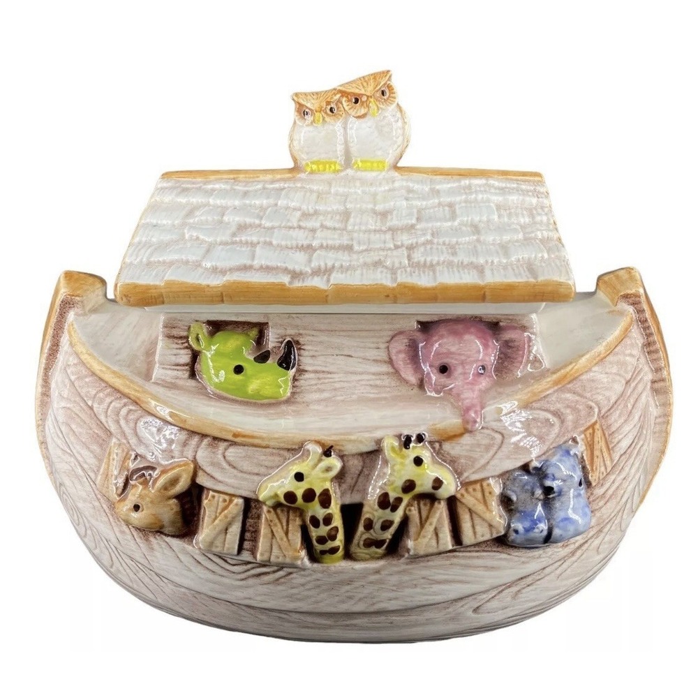 Vtg 70s Treasure Craft Noahs Ark Ceramic Cookie Jar Colorful Animals Boat USA